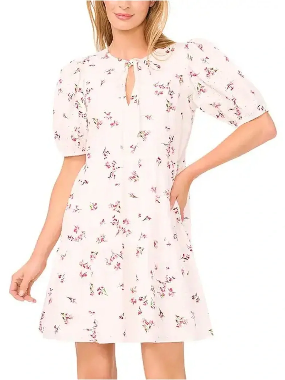NEW CeCe Women's Printed Cotton Eyelet Puff-Sleeve A-Line Dress Size L - Picture 4 of 8
